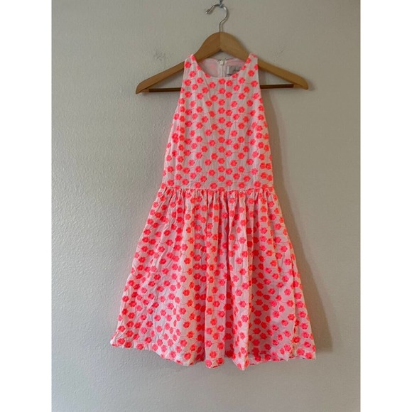 J.CREW Sz 00 Neon Pink Embroidered Floral Racerback Dress Sleeveless Fit & Flare - Picture 4 of 10